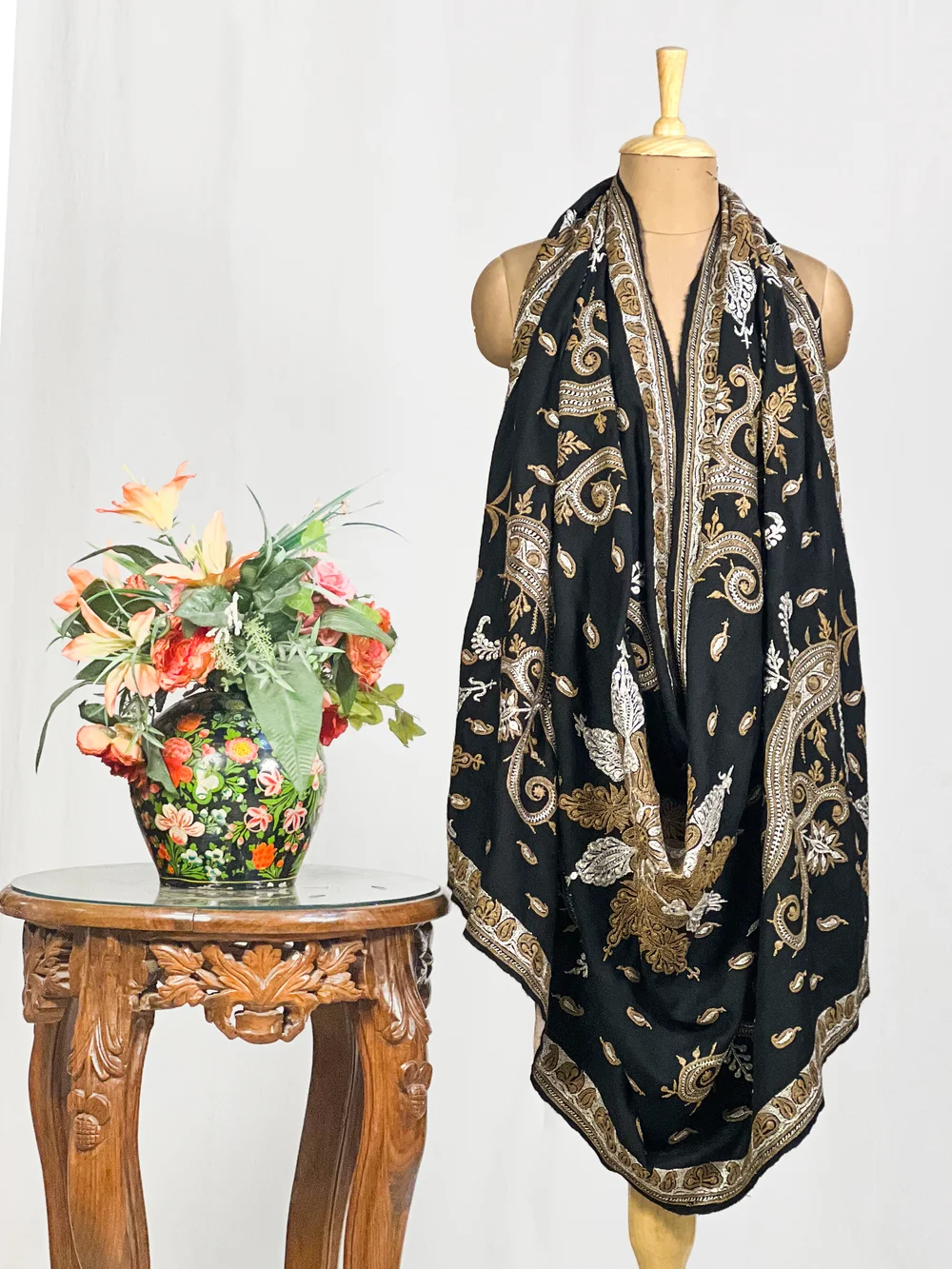 Black Pure Pashmina Sozni Shawl With Tilla Hand Embroidery