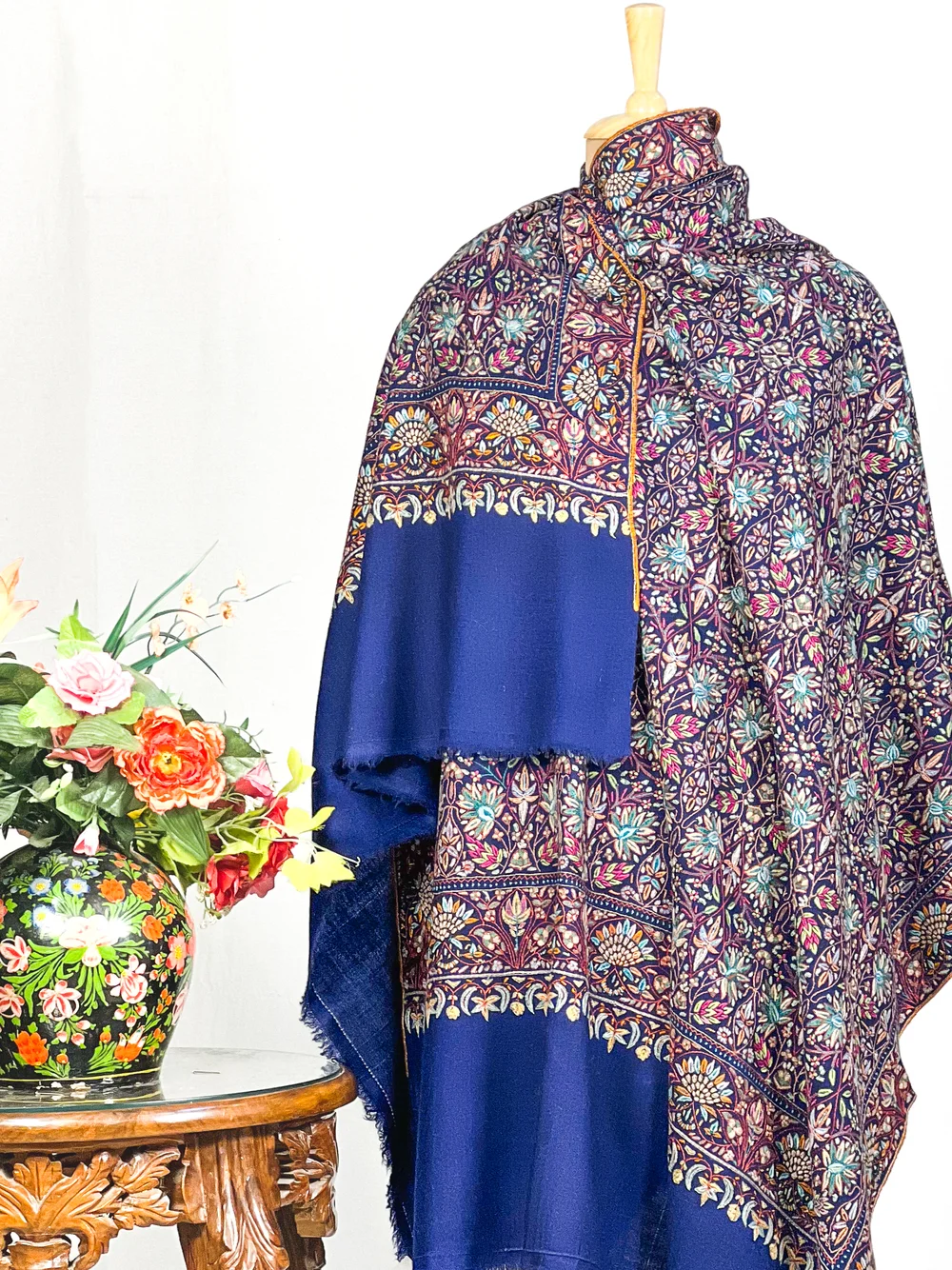 Navy Blue Pure Pashmina Shawl With Sozni Hand Embroidery