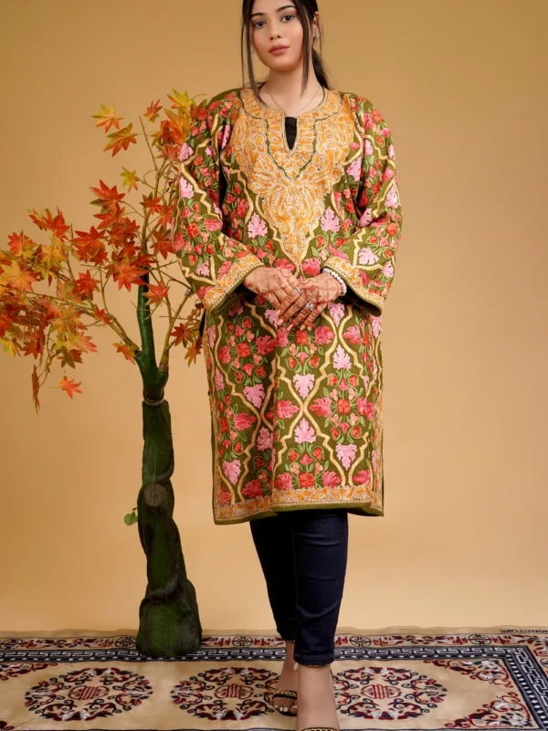Woollen Kashmiri Jaal Pattern Phiran with Aari and Tilla Embroidery
