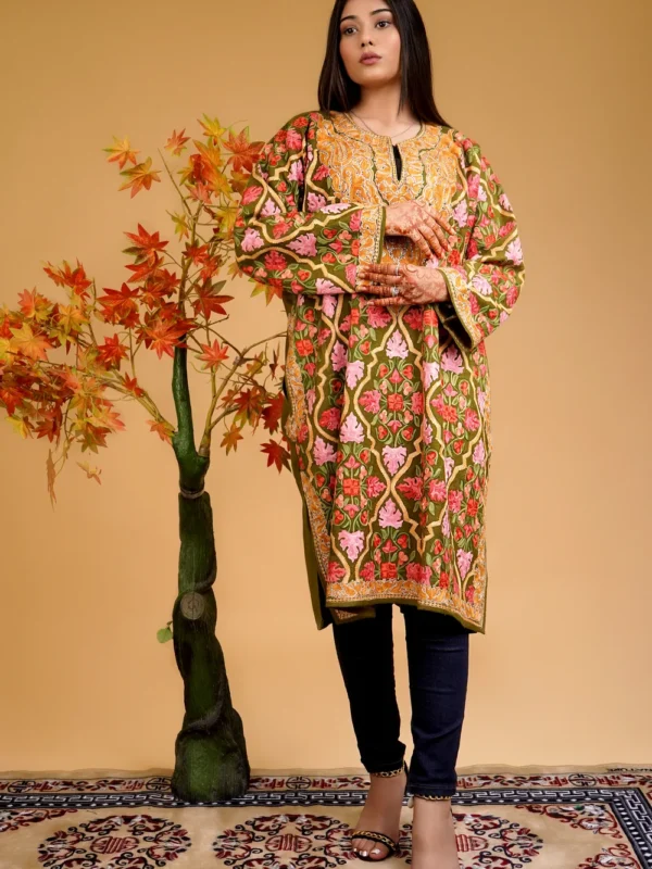 Woollen Kashmiri Jaal Pattern Phiran with Aari and Tilla Embroidery
