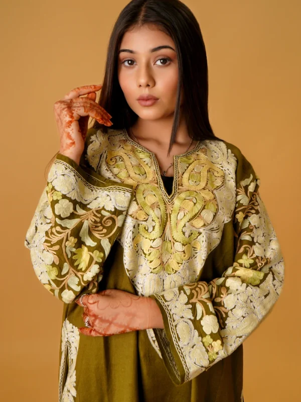 Olive Green Phiran With Aari And Tilla Embroidery Close Up
