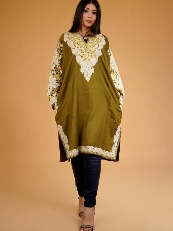 Olive Green Phiran With Aari And Tilla Embroidery