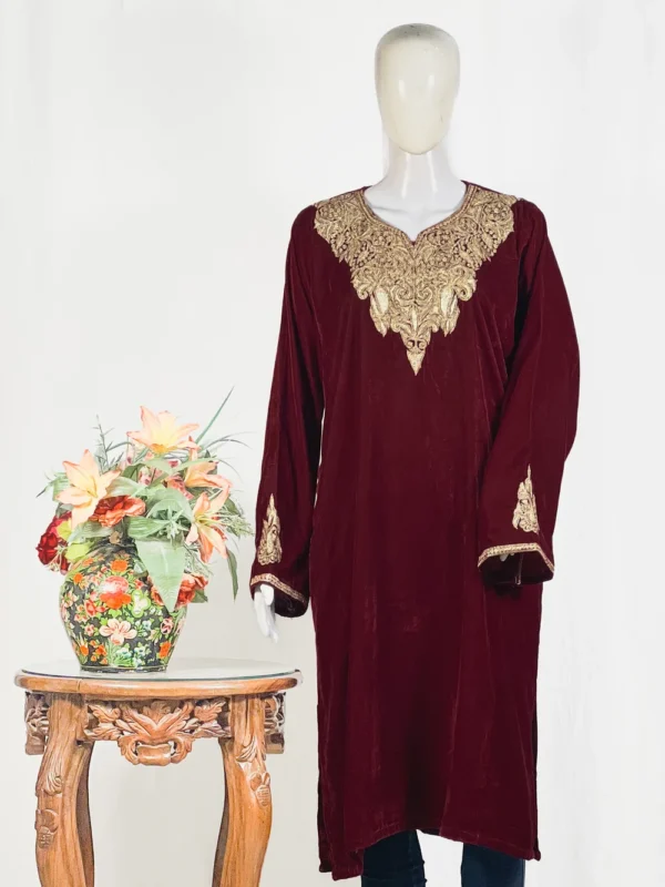 Maroon Velvet Phiran with Tilla Embroidery