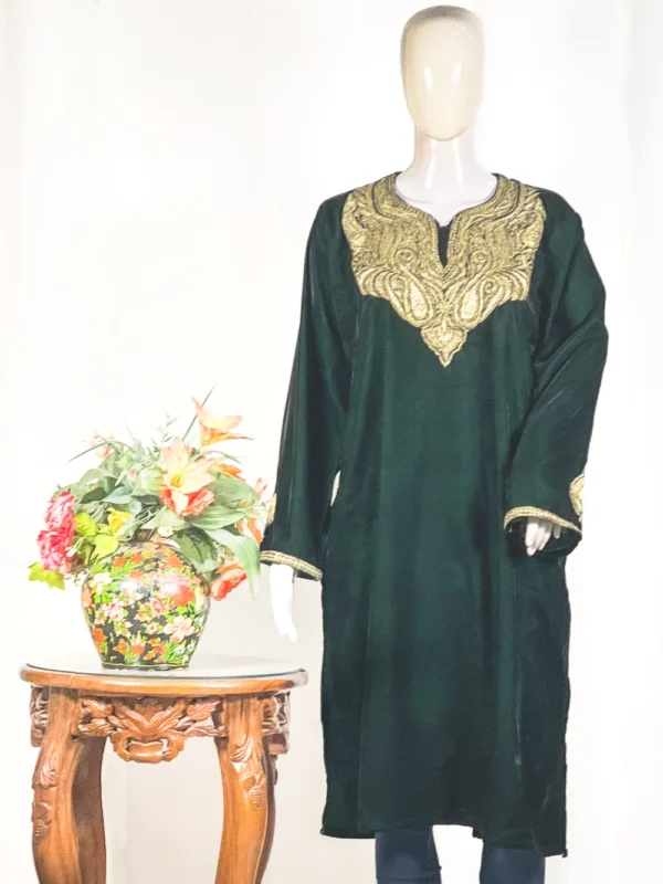 Bottle Green Velvet Phiran with Tilla Embroidery