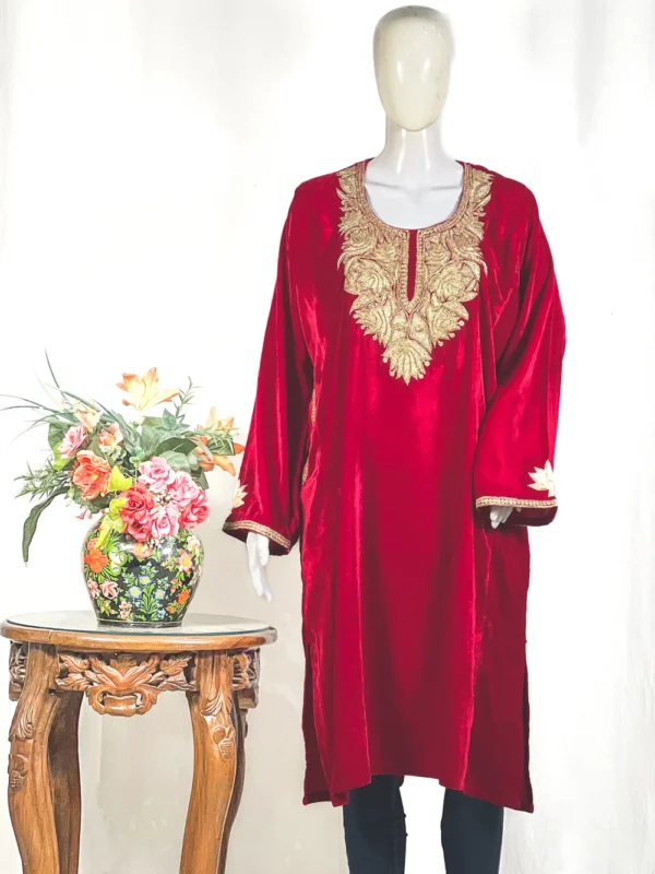 Red Velvet Phiran with Tilla Embroidery