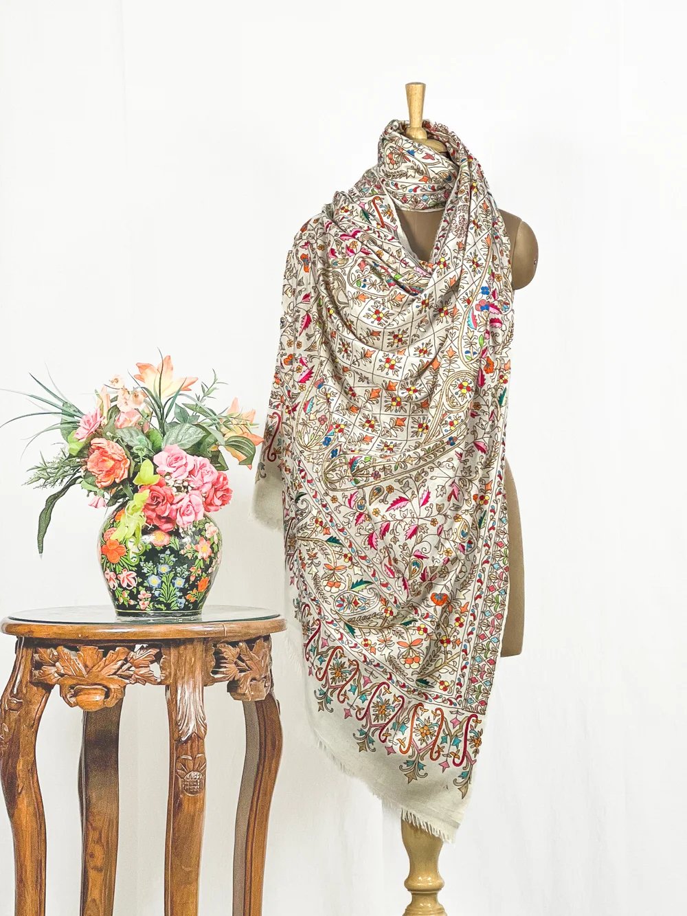 White Pure Pashmina Shawl With Tilla and Thread Jaal Hand Embroidery