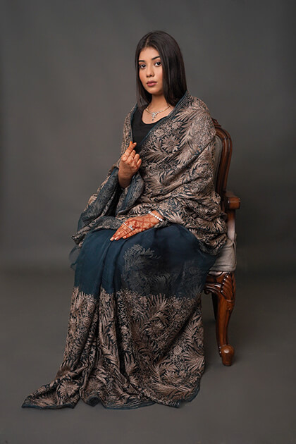 Teal Green Organza Saree with Silk Thread embroidery