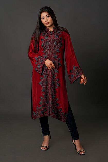 Red Designer Kashmiri Embroidered Kurta