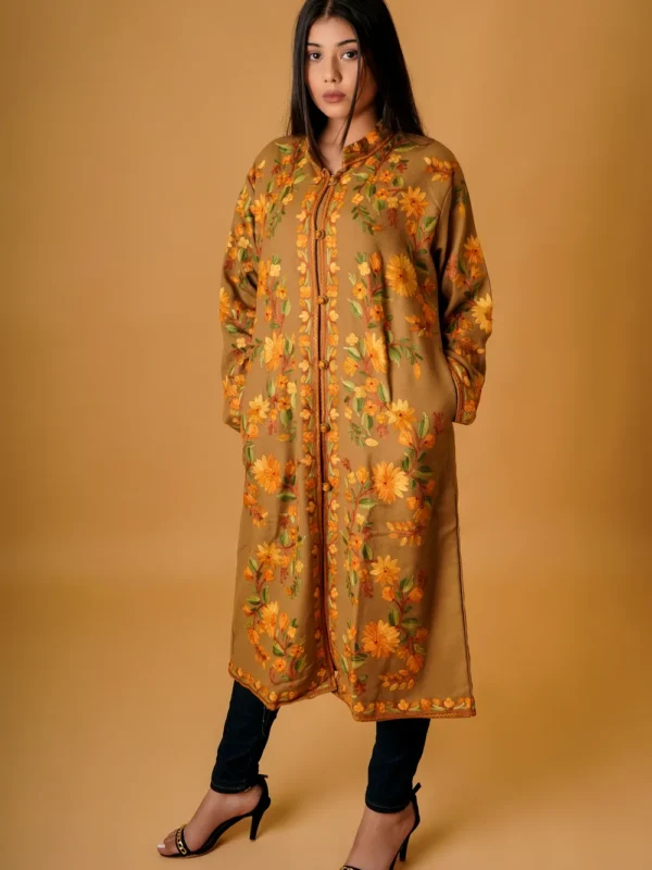 Fawn Kashmiri Long Coat with Aari Jaal Embroidery