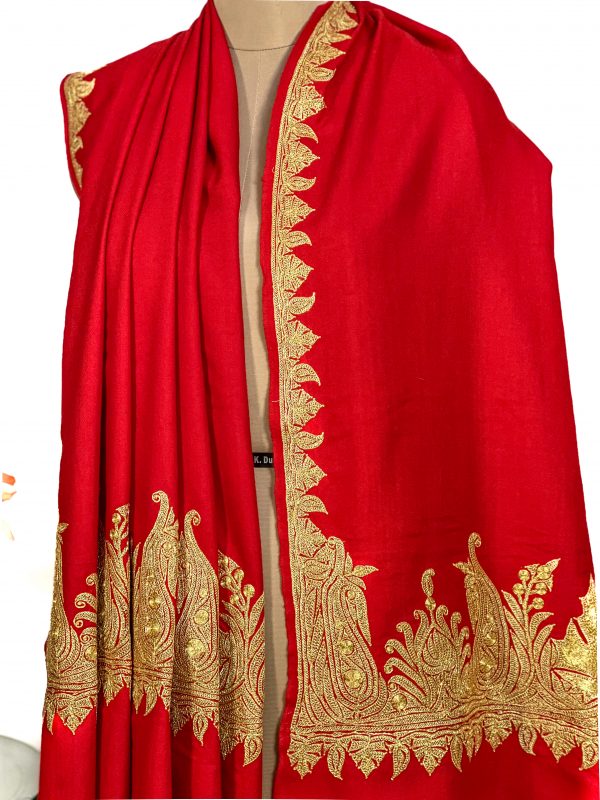 Red Pure Pashmina Shawl With Tilla Hand Embroidery