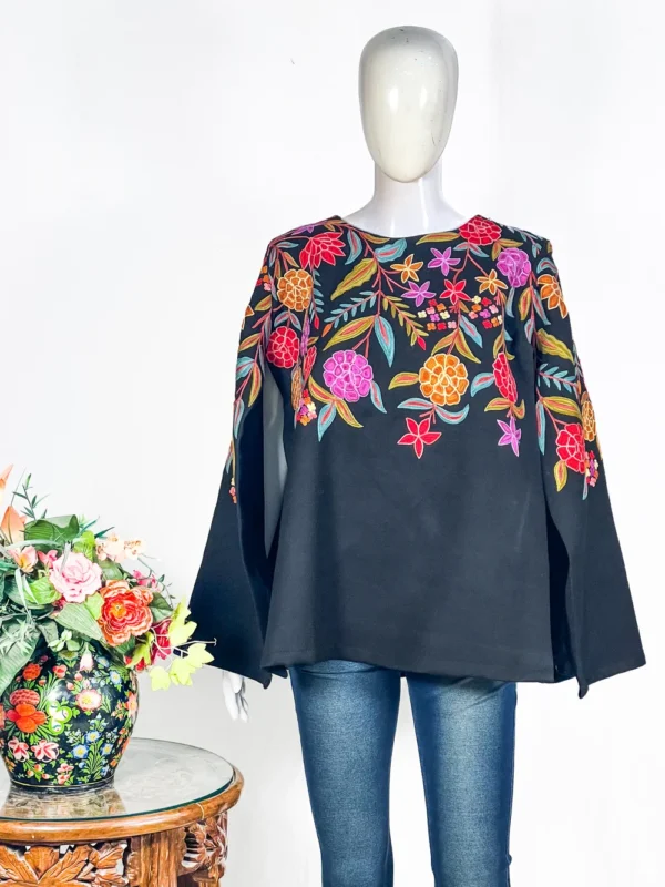 Black Shrug Jacket with Floral Embroidery