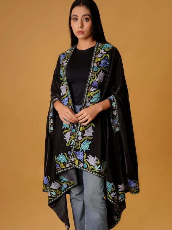Black Velvet Cape Shawl with Floral Aari Embroidery