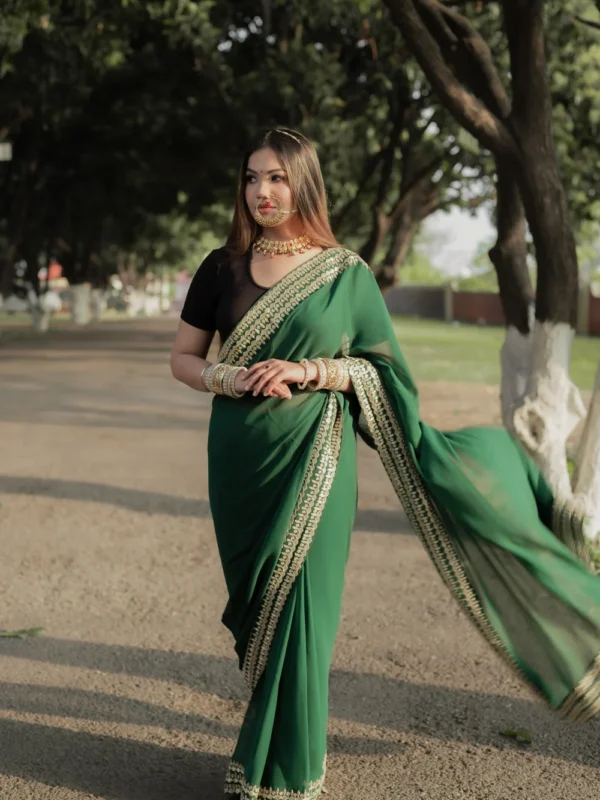 Green Viscose Georgette Zari Embroidered Kashmiri Saree