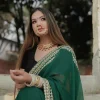 Green Viscose Georgette Zari Embroidered Kashmiri Saree