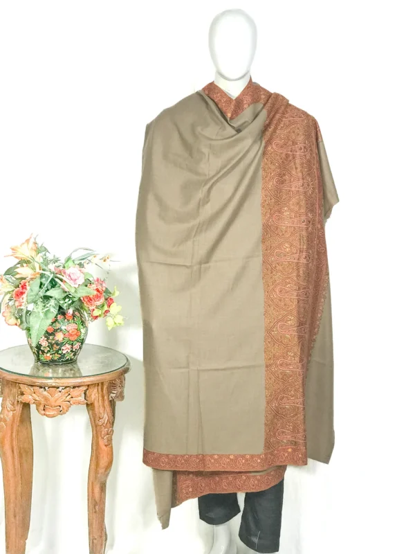 Dark Beige Pure Pashmina Shawl With Hand Embroidered Sozni Palla