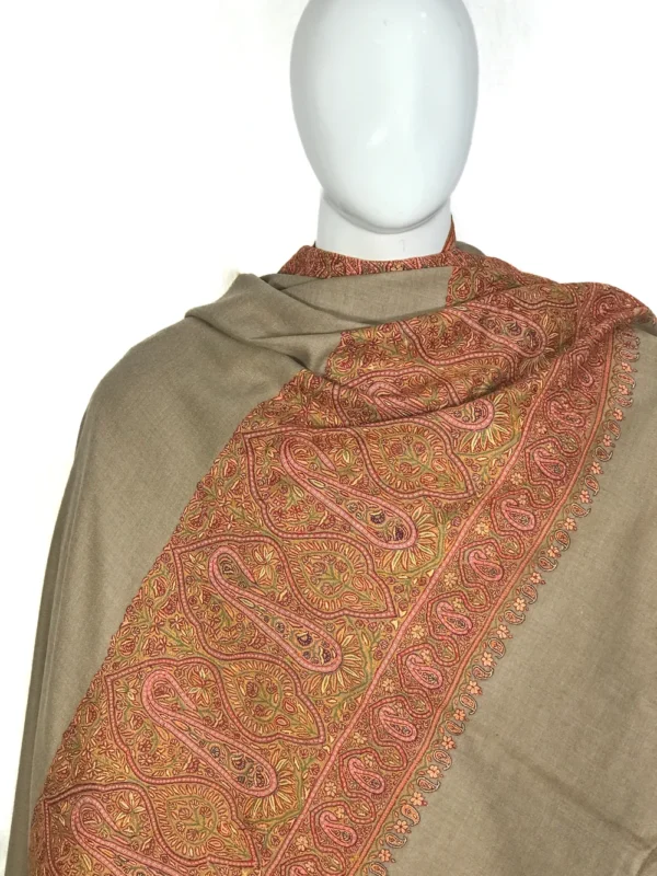 Dark Beige Pure Pashmina Shawl With Hand Embroidered Sozni Palla