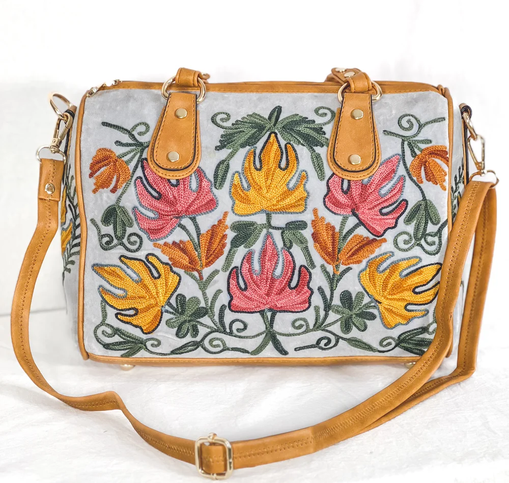 White Kashmiri Aari Embroidered Women Hand Bag | Angad Creations