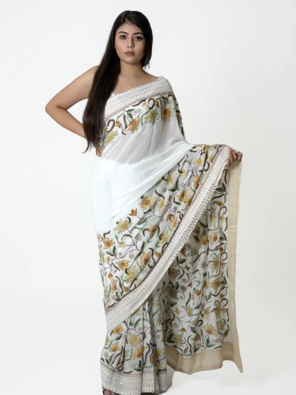 White Viscose Georgette Aari Embroidered Kashmiri Saree