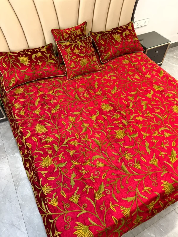 Red Velvet Bed Cover with Floral Design Aari Embroidery