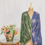 Blue and Green Reversible Pure Pashmina Shawl with Do Rukhi Sozni Embroidery