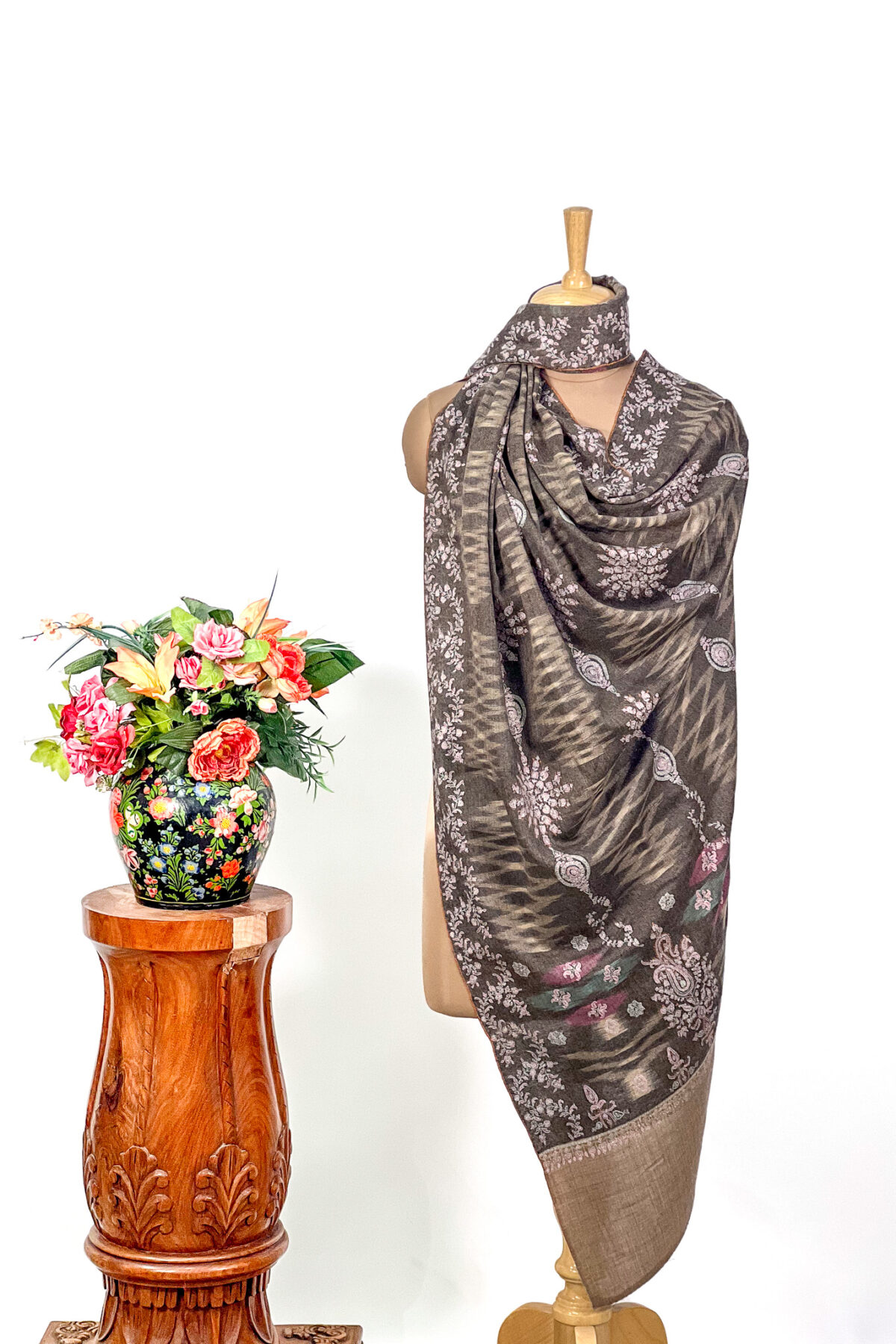 Grey Pure Pashmina Ikat Shawl With Floral Hand Embroidery